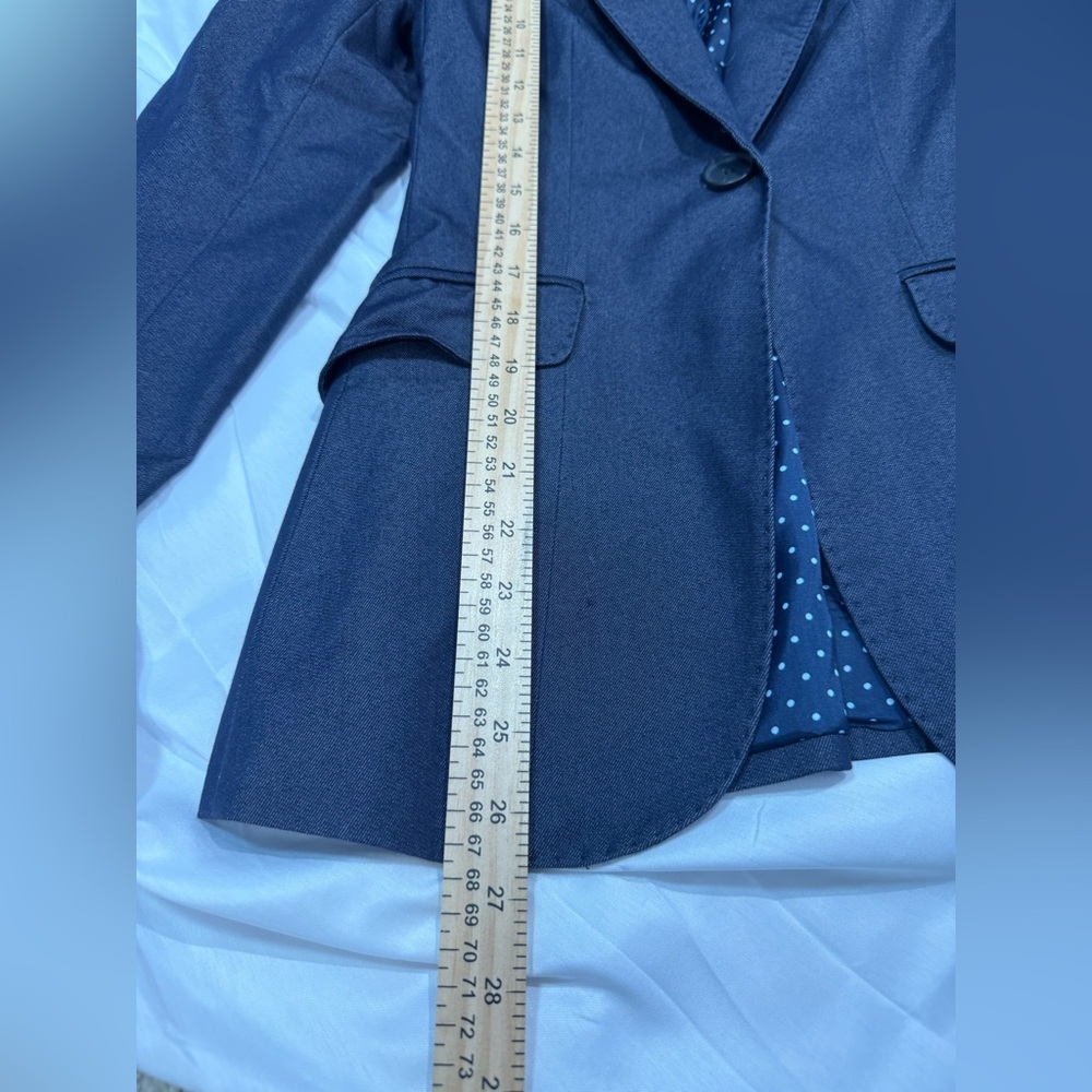 H&M Navy Blue‎ Open Front Tailored Blazer Jacket Women’s 4 Polka Dot Workwear - Picture 2 of 9
